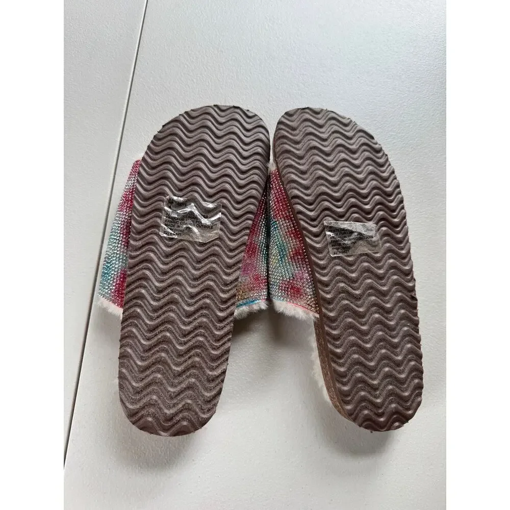 Steve Madden Girls JLEENA Tie Dye Rhinestone Faux Fur Slide Sandals - Size 4